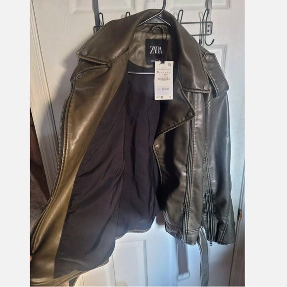 Zara Women XL Faux Leather Distressed Biker Jacket Charcoal Vegan Motorcycle - Picture 12 of 15
